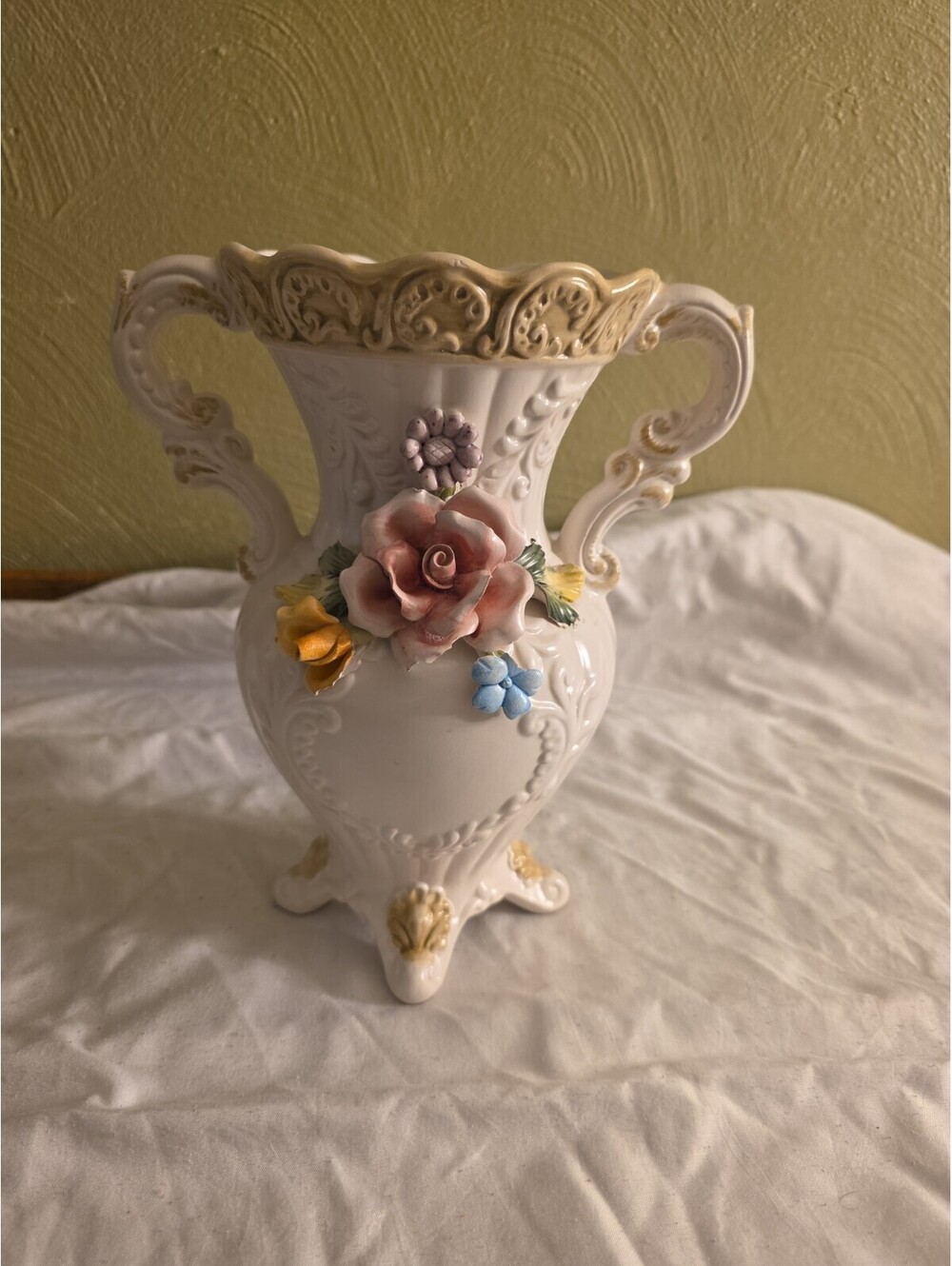 Vintage Capodimonte Double Handled Vase, Pink, Yellow, Blue Flower Made in Italy
